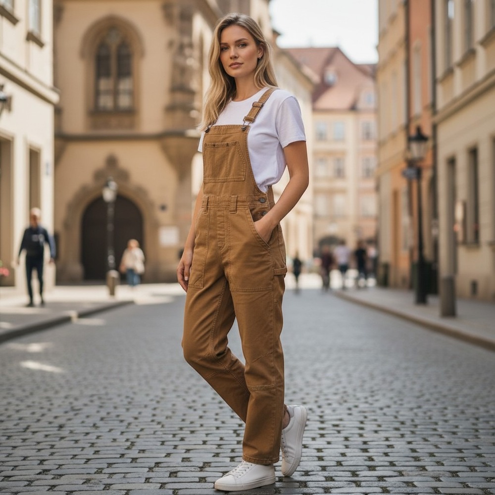 Womens Tobacco Brown Cotton Canvas Utility Workwear Overalls Straight Leg Bibs